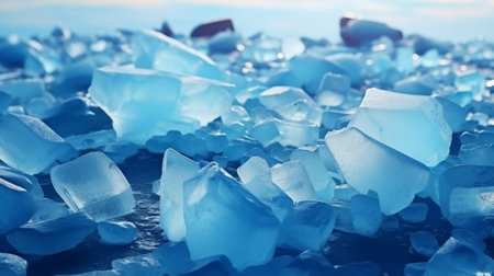 Blue crystals of broken ice on a blue background, close-upの素材