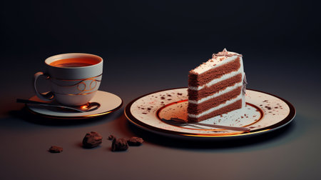 Coffee cup and cake on a dark background. 3d renderingの素材