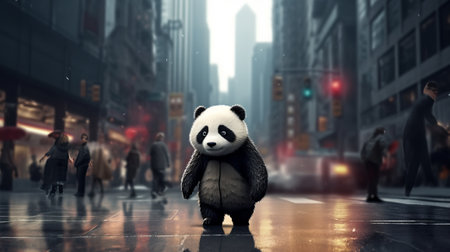 Panda walking in the city at night. 3D rendering.の素材