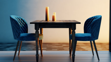 Wooden table and blue chairs in modern interior. 3d renderingの素材