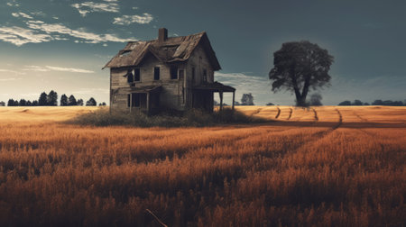Abandoned house in the field. Conceptual image. 3d renderingの素材