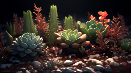 Miniature succulent plants in the botanical garden at night.の素材