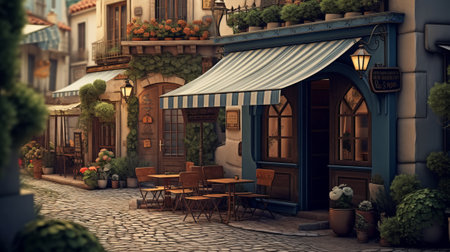 Street cafe in the old town. 3d rendering. Vintage style.の素材