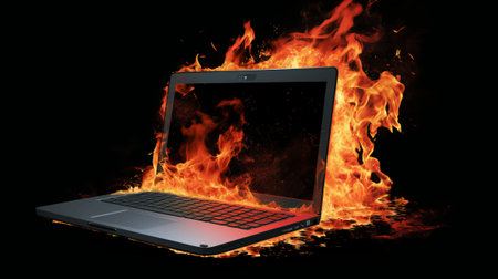 Laptop on fire isolated on black background. 3d illustration.の素材