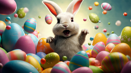 Easter bunny with colorful eggs and confetti on green background.の素材