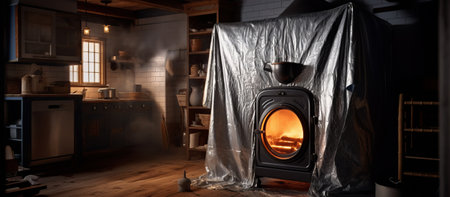 Burning fireplace in the interior of the room. 3d renderingの素材