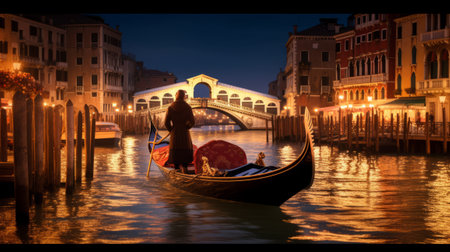 Gondola on the Grand Canal in Venice at nightの素材