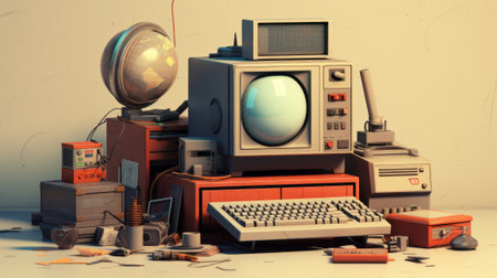 Vintage retro style image of an old TV set and other equipment.の素材