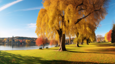 Beautiful autumn landscape in the park with yellow trees and lake.の素材