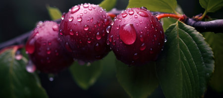 Plums with water drops on a branch in the garden after rainの素材