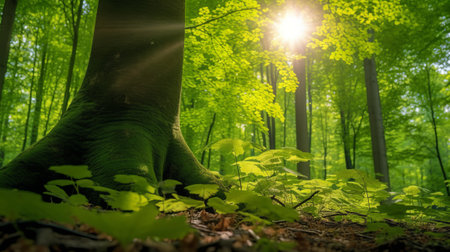 Sunlight in the green forest, spring time, nature series.の素材