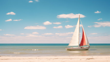 Sailboat on the beach with blue sky and white clouds.の素材