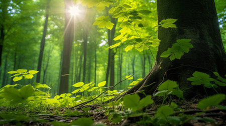 beautiful green forest background in the morning with sunbeams and leavesの素材