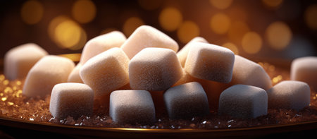 Sugar cubes on a plate on a brown background with bokehの素材