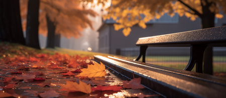 Autumn leaves on a bench in the park. Selective focus.の素材