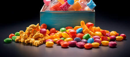 Colorful candies in a box on a black background with copy spaceの素材