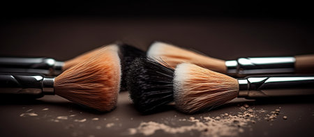 Makeup brushes and powder on a dark background. Shallow depth of fieldの素材