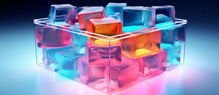 3d rendering of cubes in a glass cube on a blue backgroundの素材