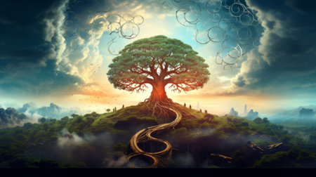 Conceptual image of a road through the forest with a tree in the middleの素材