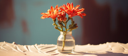Orange flowers in a glass vase on a table with a blue backgroundの素材
