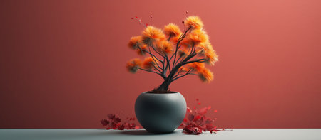Autumn tree in a pot on a white table. 3d renderingの素材