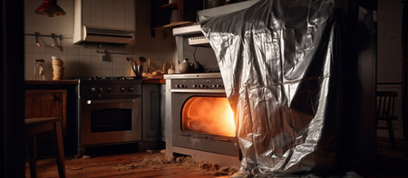 Kitchen interior with gas stove and oven. Interior of a modern kitchen at nightの素材