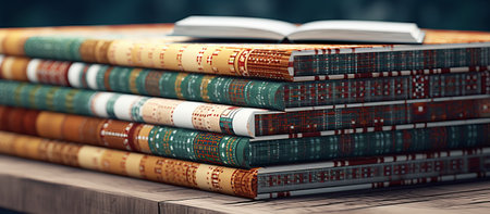 Stack of books on wooden table. 3d illustration. Vintage style.の素材