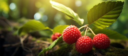 Ripe raspberries on a moss in the forest. Selective focus.の素材