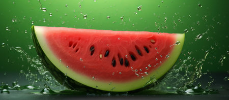 Watermelon with splashes and drops of water on a green backgroundの素材