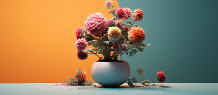 Dahlia flowers in vase on table. 3d renderingの素材