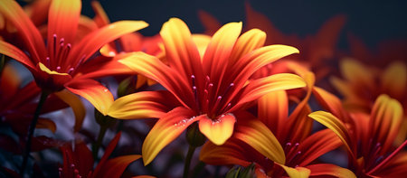 Close-up of orange daisies on a dark background.の素材
