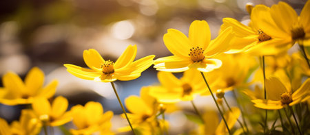 Yellow cosmos flowers blooming in the garden, soft focus and shallow DOF.の素材