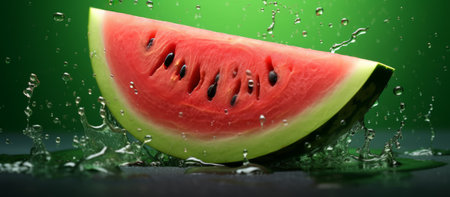 Watermelon slice with drops of water on green background, closeupの素材