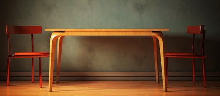 3d rendering of a wooden table and chairs in an empty roomの素材