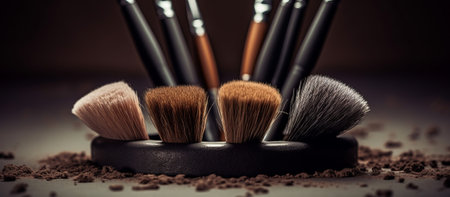 Makeup brushes and powder on dark background. Selective focus.の素材
