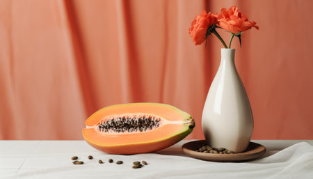 Ripe papaya and coffee beans in vase on wooden tableの素材