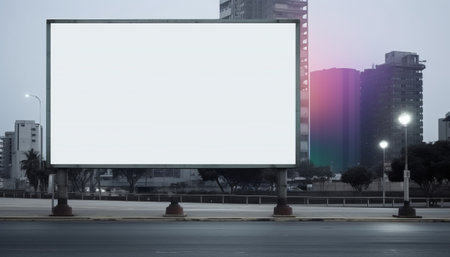Blank billboard on city street at night. Street advertising poster, mock up, 3D renderingの素材
