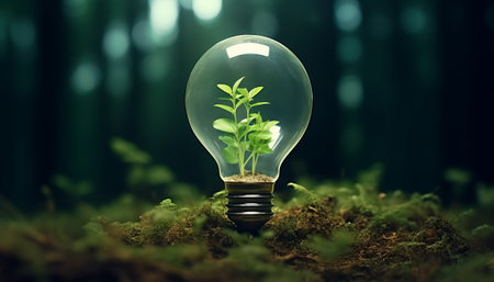 Green plant growing inside of light bulb. Renewable energy concept.の素材