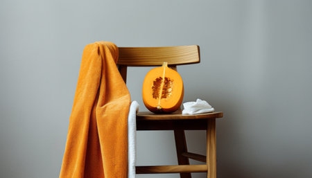 pumpkin on a chair with a towel on a gray backgroundの素材