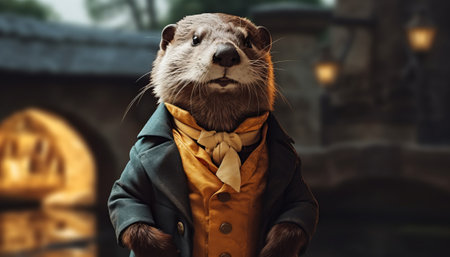 Cute otter in coat and bow tie standing on the streetの素材