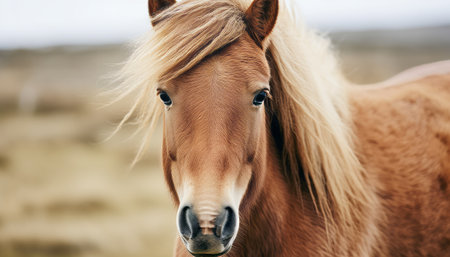 Portrait of a beautiful Icelandic horse with long blond mane.の素材