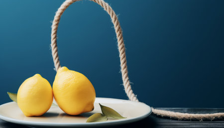 Lemons in a basket on a blue background with copy spaceの素材