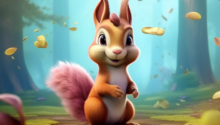 3D rendering of a cute squirrel in a forest with falling petalsの素材