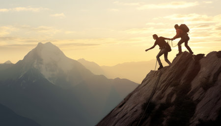 Silhouette of two climbers with backpacks on the top of a mountainの素材