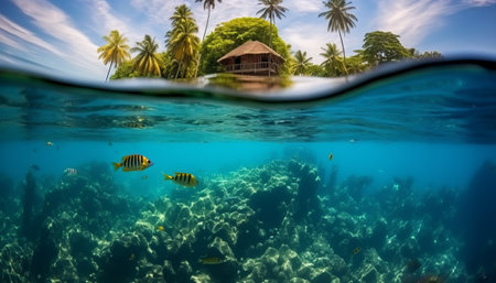 Underwater view of coral reef with tropical fish and water bungalowsの素材