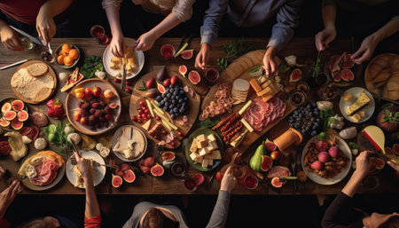 Top view of group of people having dinner together while sitting at wooden tableの素材