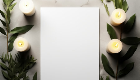Blank paper sheet, candles and eucalyptus branches on light backgroundの素材