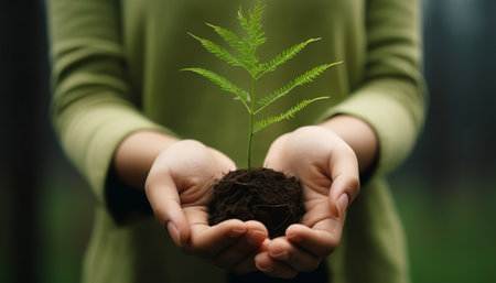 Female hands holding young plant with soil on blurred background, closeupの素材