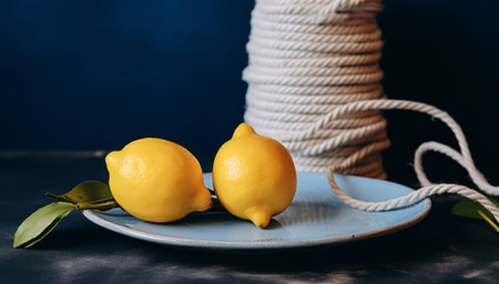 Lemons on a blue plate with a rope on a dark backgroundの素材