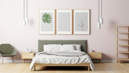 Interior of a modern bedroom with two posters on the wall, 3d renderの素材